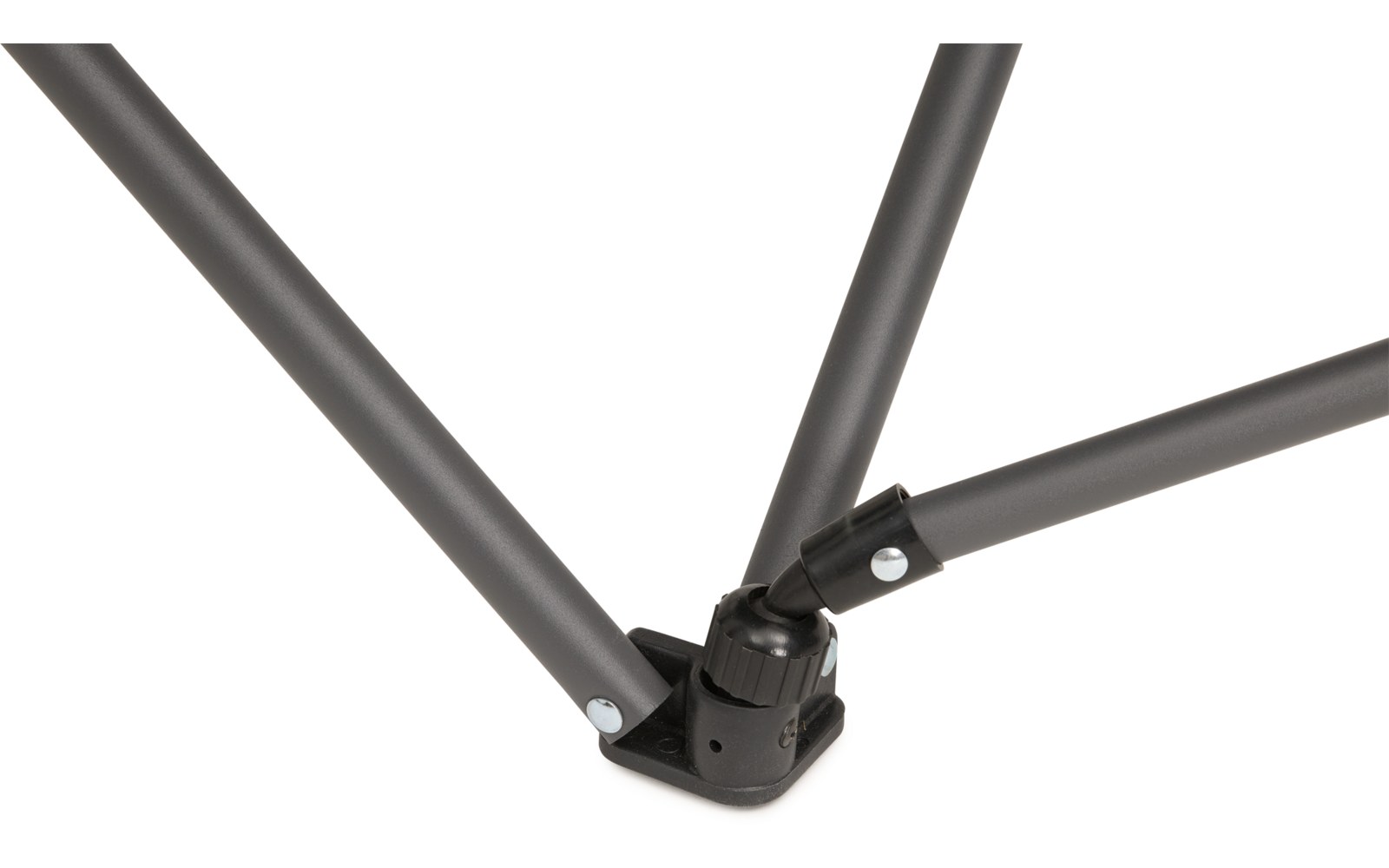 Drei dunkelgraue Metallstangen, die an einem schwarzen Kunststoffgelenk verbunden sind, auf weißem Hintergrund