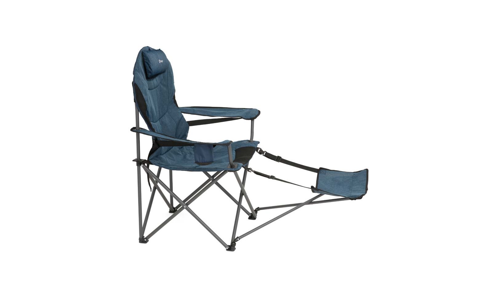 Blauer Klappstuhl mit schwarzem Gestell, von hinten aufgenommen