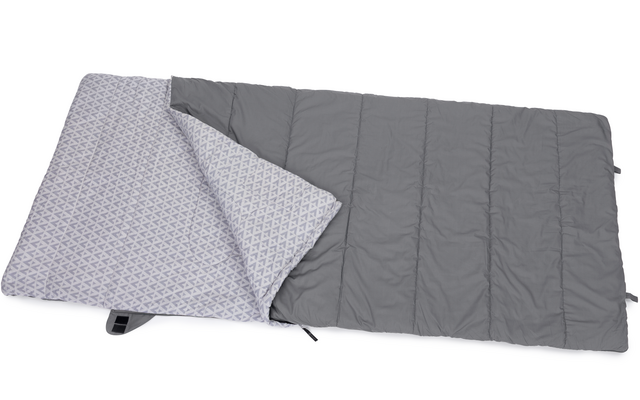 Opened gray sleeping bag with dotted lining on white background