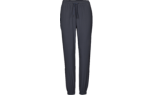 Pantalone da ginnastica blu scuro con vita elastica, coulisse e polsini elastici, vista frontale su sfondo bianco