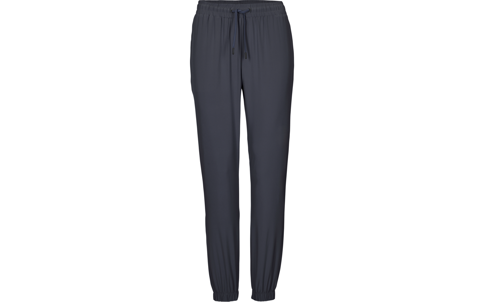 Pantalone da ginnastica blu scuro con vita elastica, coulisse e polsini elastici, vista frontale su sfondo bianco