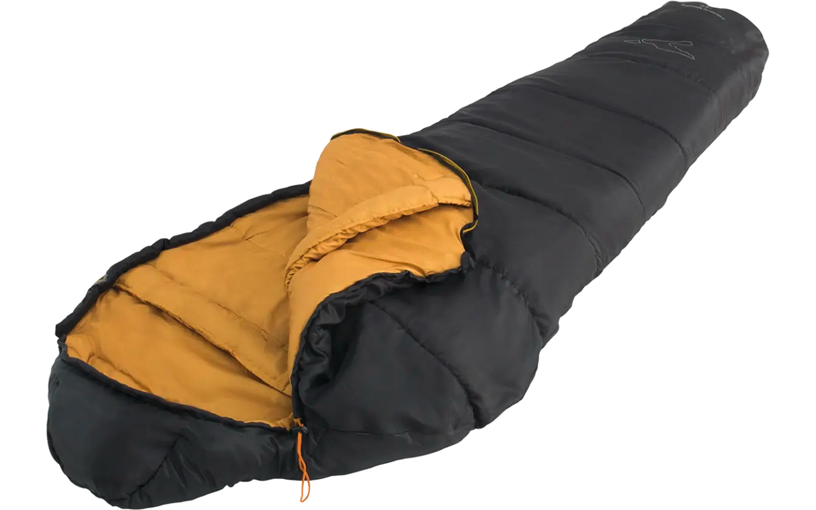 Slaapzak met zwarte buitenkant en oranje binnenkant