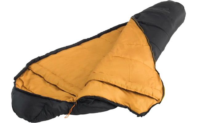 Slaapzak met grijze buitenkant en oranje binnenkant, gedeeltelijk open