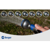 Hand hält blauen Gartensprühkopf, Wasser sprüht, unscharfer Rasen im Hintergrund, oben Reihe mit sieben kleinen kreisförmigen Vorschaubildern, unten weißer Bogen mit blauem "Berger"-Logo