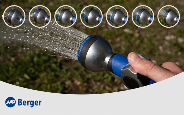 Hand hält blauen Gartensprühkopf, Wasser sprüht, unscharfer Rasen im Hintergrund, oben Reihe mit sieben kleinen kreisförmigen Vorschaubildern, unten weißer Bogen mit blauem "Berger"-Logo