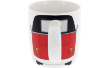 Tasse en céramique blanche avec impression de l'arrière d'un véhicule rouge et noir; anse centrée