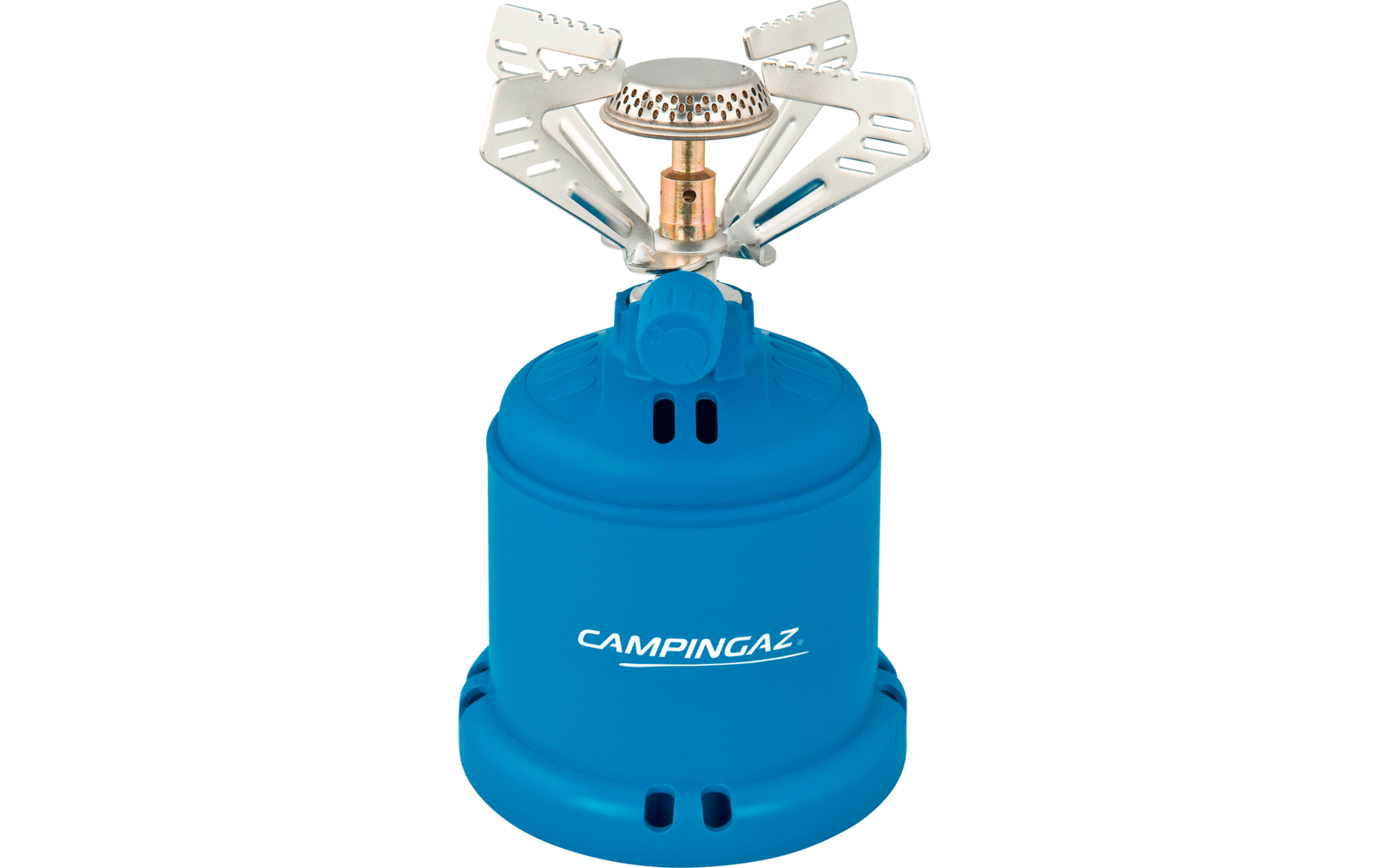 Blauer Gasbehälter mit weißer Aufschrift "CAMPINGAZ" und aufgesetztem silbernem Kocherbrenner, drei Topfstützen und Messingventil