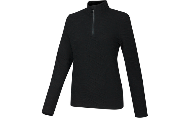 Schwarzes Langarmshirt mit Stehkragen und kurzem Reißverschluss vorn, leicht strukturierter Stoff, Vorderansicht