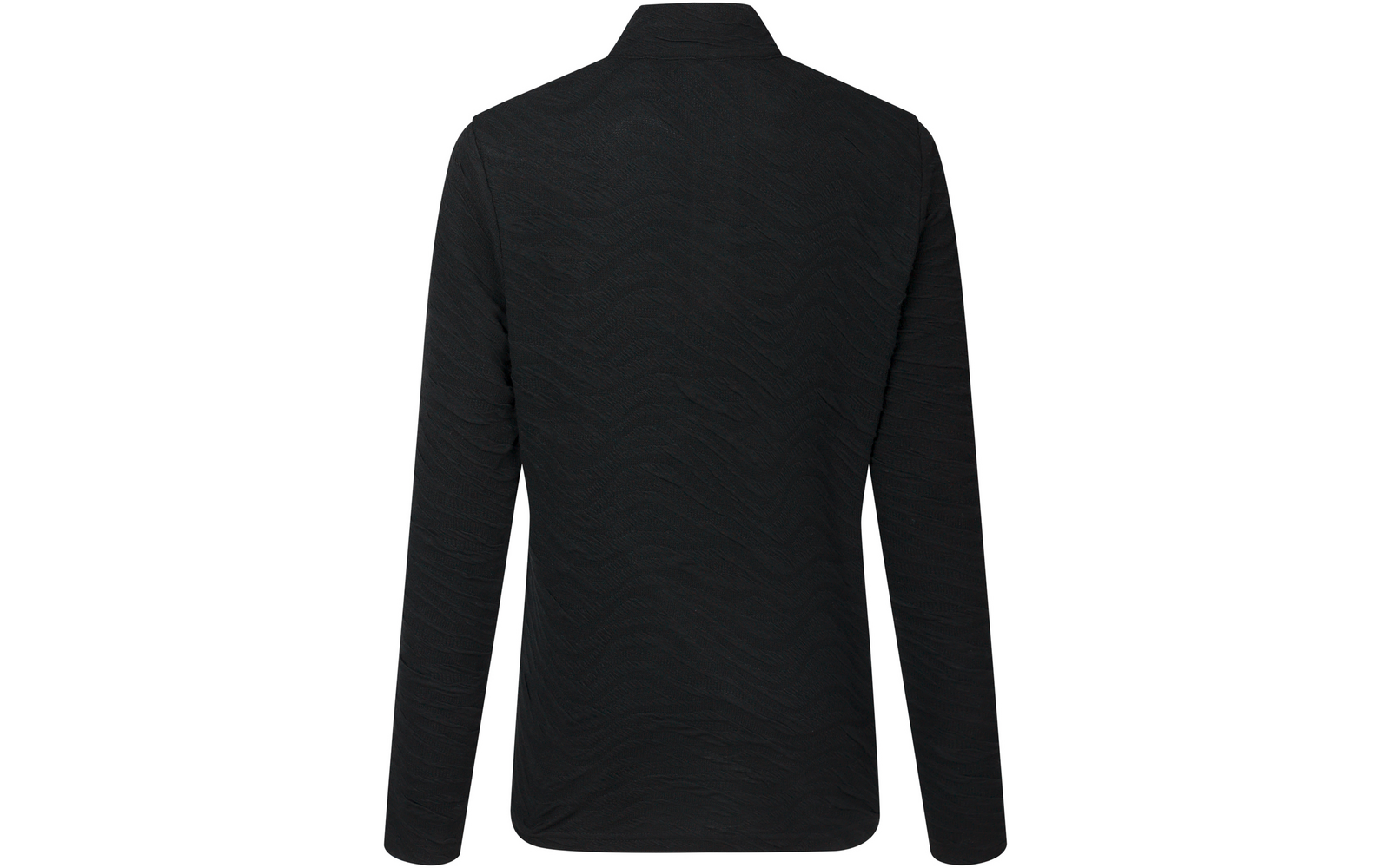 Schwarzes Langarmshirt, Rückansicht, dezente wellenförmige Struktur im Stoff, kleiner Stehkragen, gerader Saum