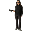 Person in schwarzem Langarmshirt mit kurzem Reißverschluss, schwarzer Hose und dunkler Sonnenbrille, steht vor hellem Hintergrund und hält Skistöcke in der rechten Hand