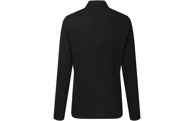 Schwarzes Langarmshirt, Rückansicht, dezente wellenförmige Struktur im Stoff, kleiner Stehkragen, gerader Saum