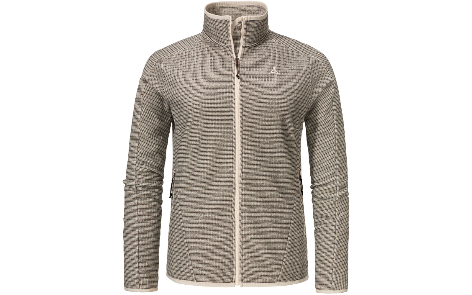 Beige Reißverschlussjacke mit langem Ärmel, frontal stehend