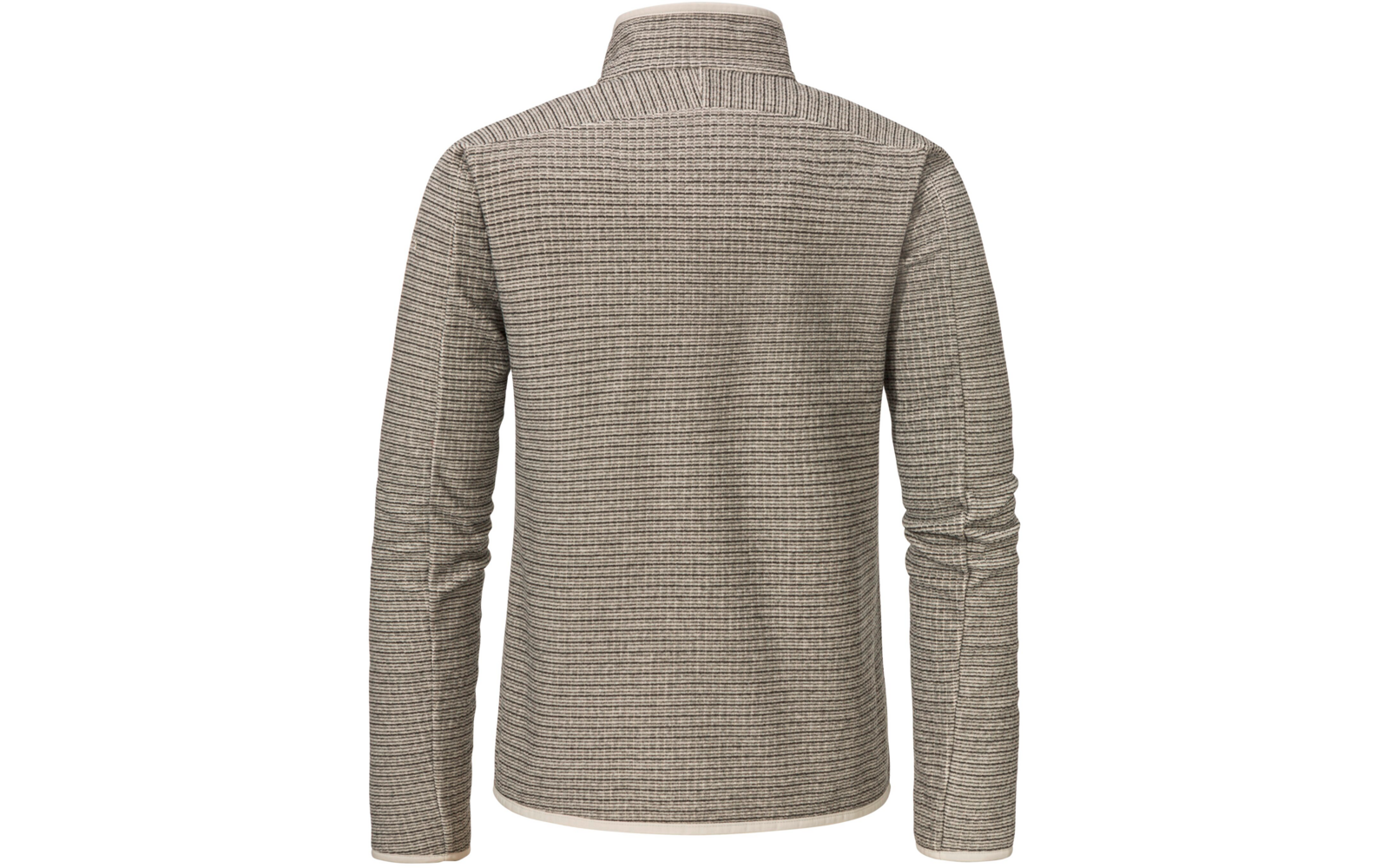 Rückenansicht eines grauen Langarmshirts mit Stehkragen