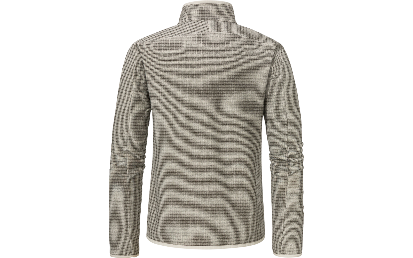 Achteraanzicht van een grijs shirt met lange mouwen en opstaande kraag