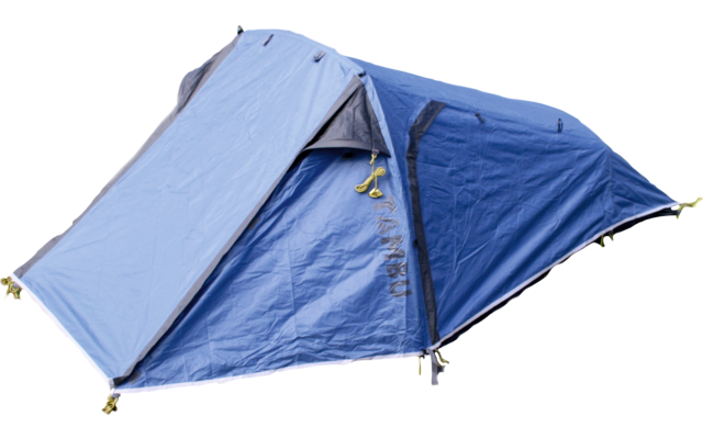 Tente bleue avec entrée partiellement ouverte et curseurs de fermeture éclair jaunes sur fond blanc