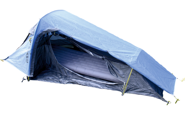 Petite tente bleue avec porte ouverte et matelas gonflable à l'intérieur