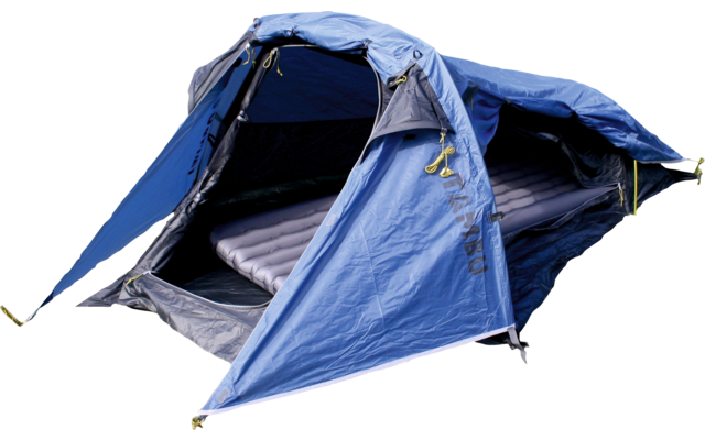 Tente de camping bleue avec l'avant ouvert et matelas gonflable à l'intérieur sur fond blanc