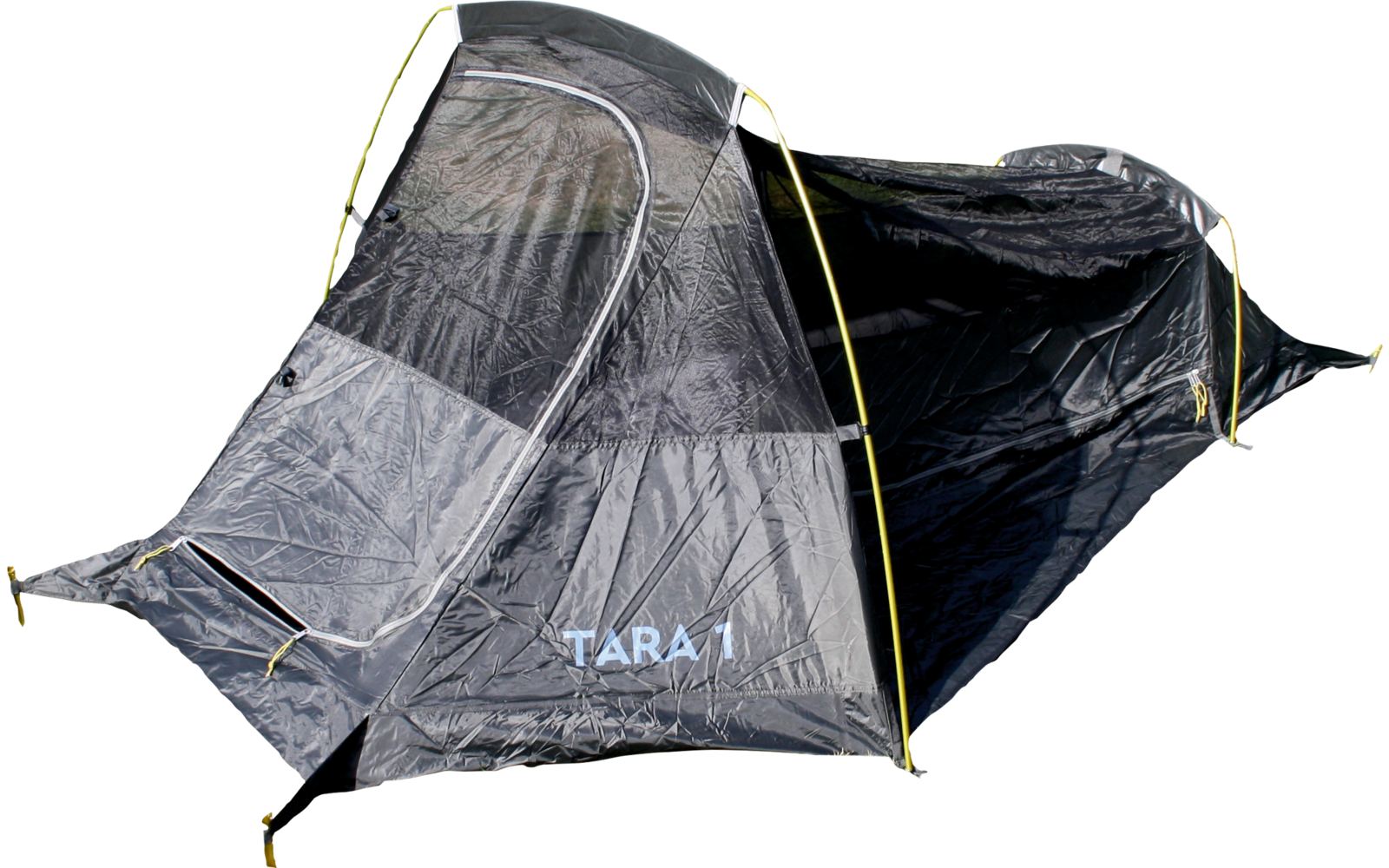 Tente gris-noir avec arceaux et haubans jaunes, entrée avant ouverte avec moustiquaire et inscription bleu clair 'TARA 1'