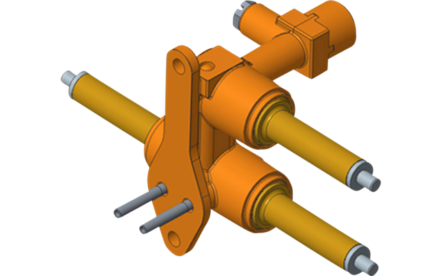 Dos ejes cilíndricos naranjas paralelos con una placa de montaje y pernos visibles