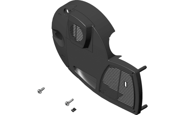 Schwarzes, gebogenes Kunststoffteil mit zwei Lüftungsgittern, rechteckiger Vertiefung, rundem Loch oben links, zwei hervortretenden Zapfen an der rechten Kante und drei Metallteilen (zwei Schrauben, eine Mutter) im Vordergrund