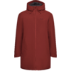 Parka rojo oscuro con capucha, cremallera de largo completo, cordones en la capucha y mangas largas