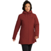 Persona de frente con parka roja con capucha y cremallera frontal, cabello rizado, fondo claro