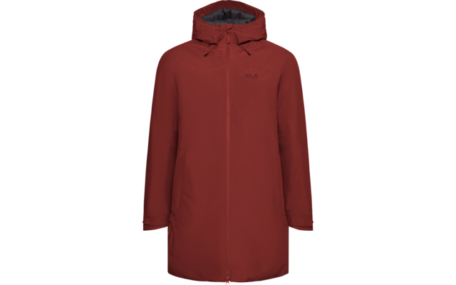 Parka rojo oscuro con capucha, cremallera de largo completo, cordones en la capucha y mangas largas