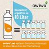 Flasche mit Aufschrift „awiwa“ und orangefarbener Markierung „1 Liter“, daneben blauer Tropfen mit Text „Konzentrat: ergibt bis zu 10 Liter“, Gleichheitszeichen und zehn Sprühflaschen, awiwa-Logo oben rechts, oranger Balken unten mit Text „awiwa® pet