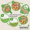 Infografik mit sechs nummerierten grünen Kreisen, die vergrößerte Ansichten farbiger Mikroben-Illustrationen zeigen, verbunden durch Pfeile; mittig der Text 'Mikrobiologisches Wirkprinzip'; unten rechts das Logo 'awiwa' mit Blatt-Symbol und Slogan 'n