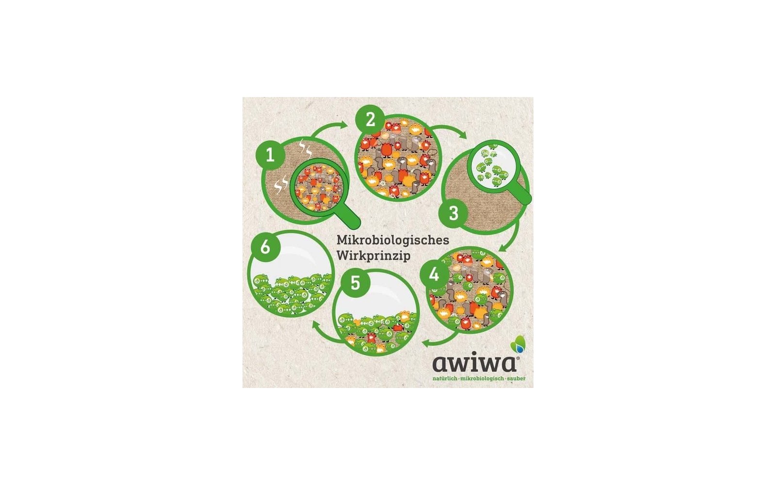 Infografik mit sechs nummerierten grünen Kreisen, die vergrößerte Ansichten farbiger Mikroben-Illustrationen zeigen, verbunden durch Pfeile; mittig der Text 'Mikrobiologisches Wirkprinzip'; unten rechts das Logo 'awiwa' mit Blatt-Symbol und Slogan 'n