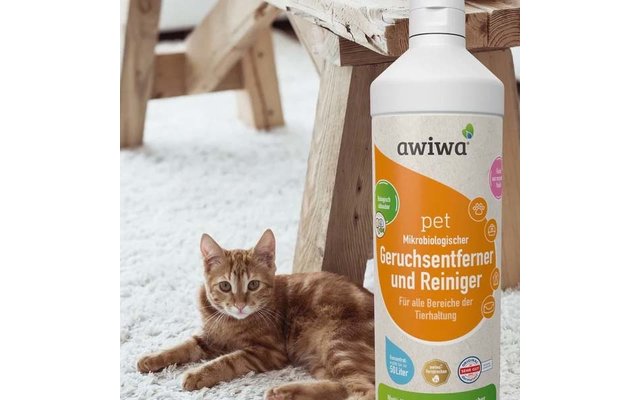 Orange getigerte Katze liegt auf weißem Teppich neben einer Flasche mit dem Etikett 'awiwa pet Geruchsentferner und Reiniger' und einem hölzernen Bankbein