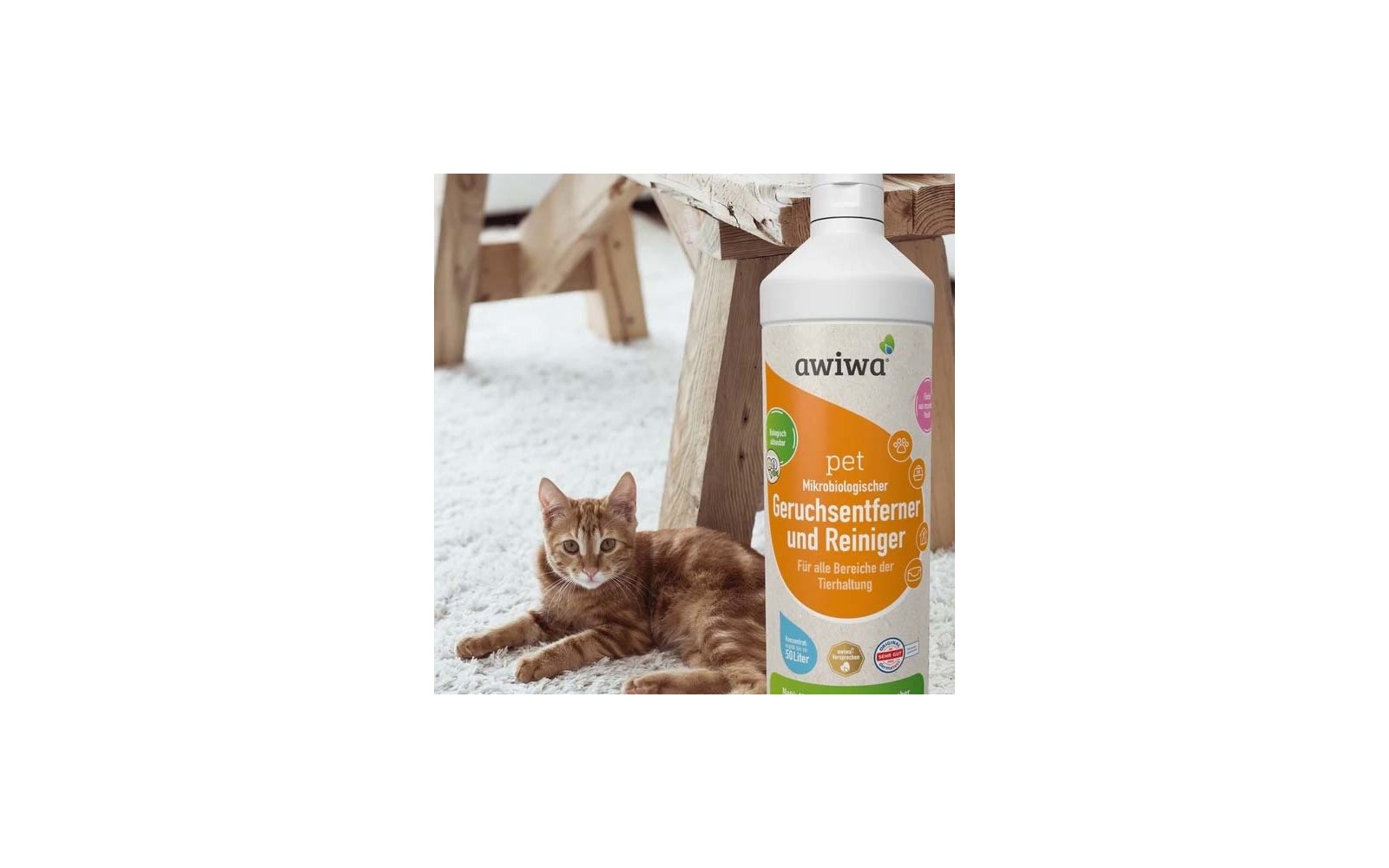 Orange getigerte Katze liegt auf weißem Teppich neben einer Flasche mit dem Etikett 'awiwa pet Geruchsentferner und Reiniger' und einem hölzernen Bankbein