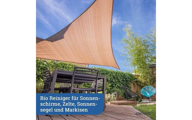Beige Sonnensegel über Holzterrasse mit grauem Gartentisch und Stühlen, Begrünung und blauem Korbsessel, klarer Himmel. Unten links blaues Textfeld mit weißer Aufschrift 'Bio Reiniger für Sonnenschirme, Zelte, Sonnensegel und Markisen'; unten rechts 