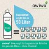Linke Seite: weiße Flasche mit Aufschrift 'awiwa' und '1 Liter'. Mittig: blauer Tropfen mit Text 'Konzentrat: ergibt bis zu 50 Liter'. Daneben ein Gleichheitszeichen und zehn kleine Kanister, jeweils beschriftet '5 Liter'. Oben rechts das 'awiwa' Log