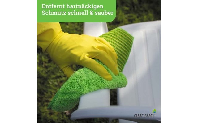 Gelbe Gummihandschuhe halten ein grünes Mikrofasertuch an die Lehne eines weißen Plastikstuhls; oben links grüner Schriftzug Entfent hartnäckigen Schmutz schnell & sauber; Gras im Hintergrund; kleines Logo awiwa unten rechts