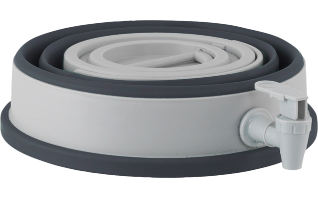 Nahaufnahme eines grauen und weißen Wasserhahns mit Drehgriff