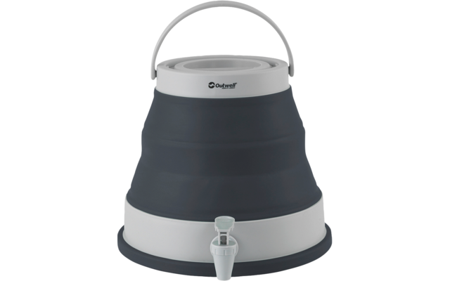 zusammenfaltbarer, grauer Wassereimer mit weißem Henkel und Wasserhahn am unteren Rand