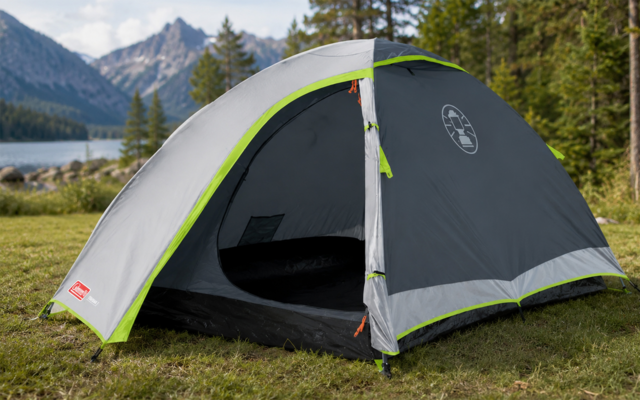 Tente en dôme grise avec bordures vert clair et porte partiellement ouverte sur de l'herbe ; en arrière-plan des conifères, un lac et des sommets montagneux sous un ciel légèrement nuageux