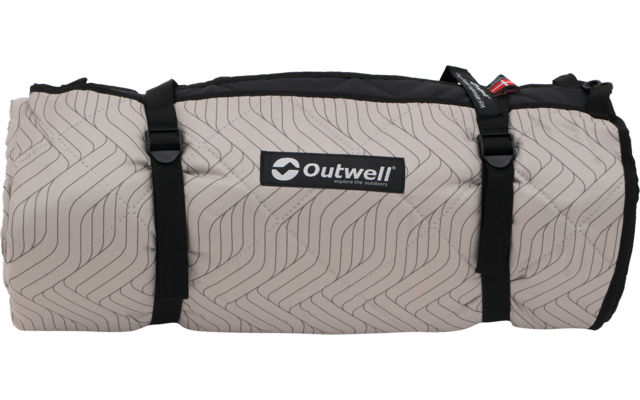 Beige, zusammengerolltes Textil mit Outwell-Logo, zwei schwarzen Gurten mit Schnallen und wellenförmigem Linienmuster