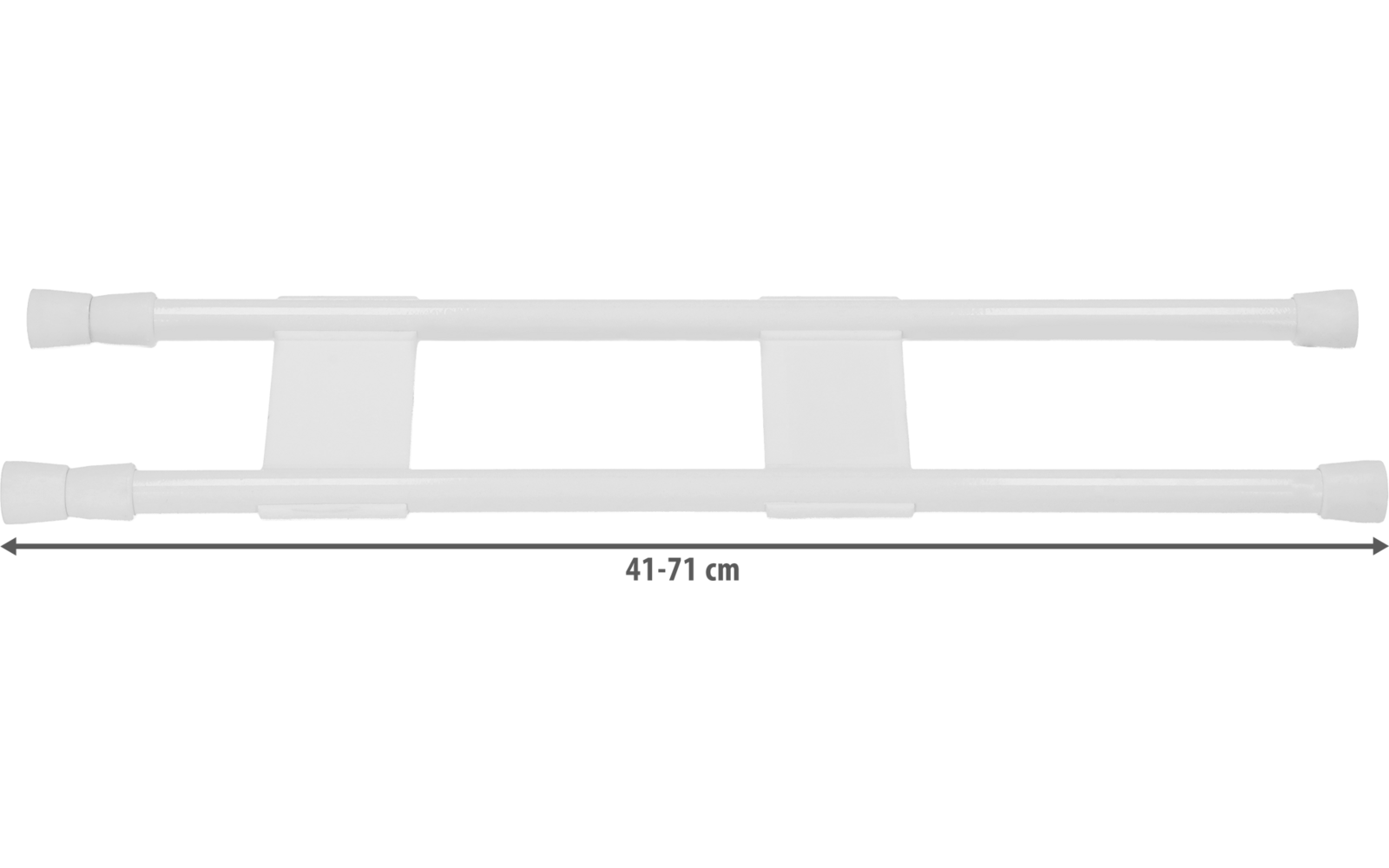 Weißes, längliches Objekt mit zwei parallel verlaufenden röhrenförmigen Stangen oben und unten, verbunden durch zwei senkrechte rechteckige Platten in der Mitte und zwei kurze Querstangen, auf hellem Hintergrund