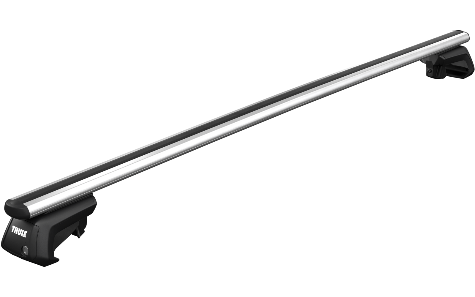Zilverkleurige langwerpige metalen balk met twee zwarte eindbevestigingen en zichtbaar Thule-logo