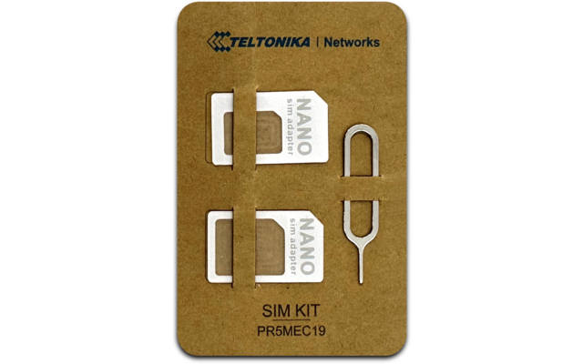 SIM-Karten-Kit mit zwei verschiedenen SIM-Karten und einem Entnahmewerkzeug auf braunem Karton