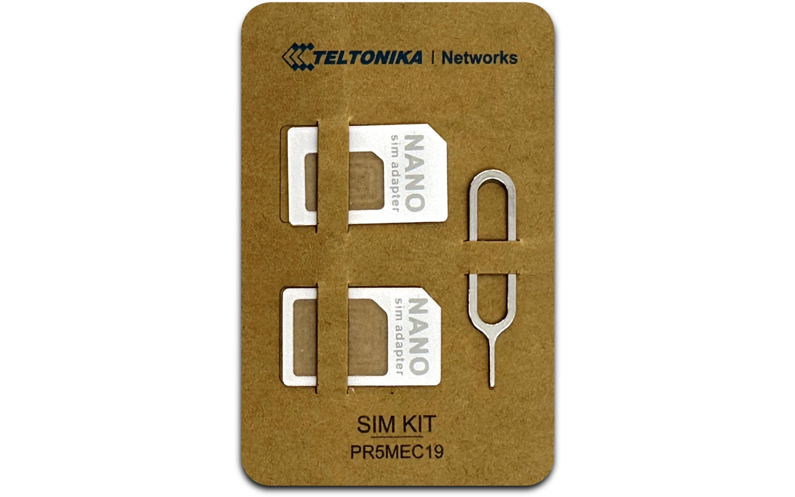 SIM-Karten-Kit mit zwei verschiedenen SIM-Karten und einem Entnahmewerkzeug auf braunem Karton