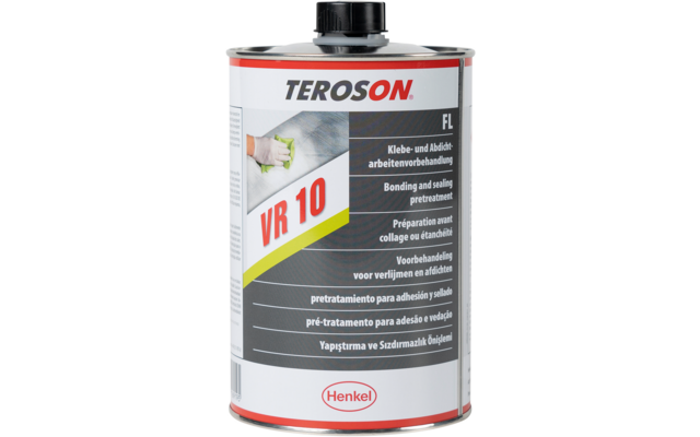 Blechkanister mit schwarzem Schraubverschluss, Etikett mit Aufschrift 'TEROSON VR 10', graues, weißes und rotes Design, Foto einer Hand mit Tuch auf dem Etikett, Henkel-Logo unten