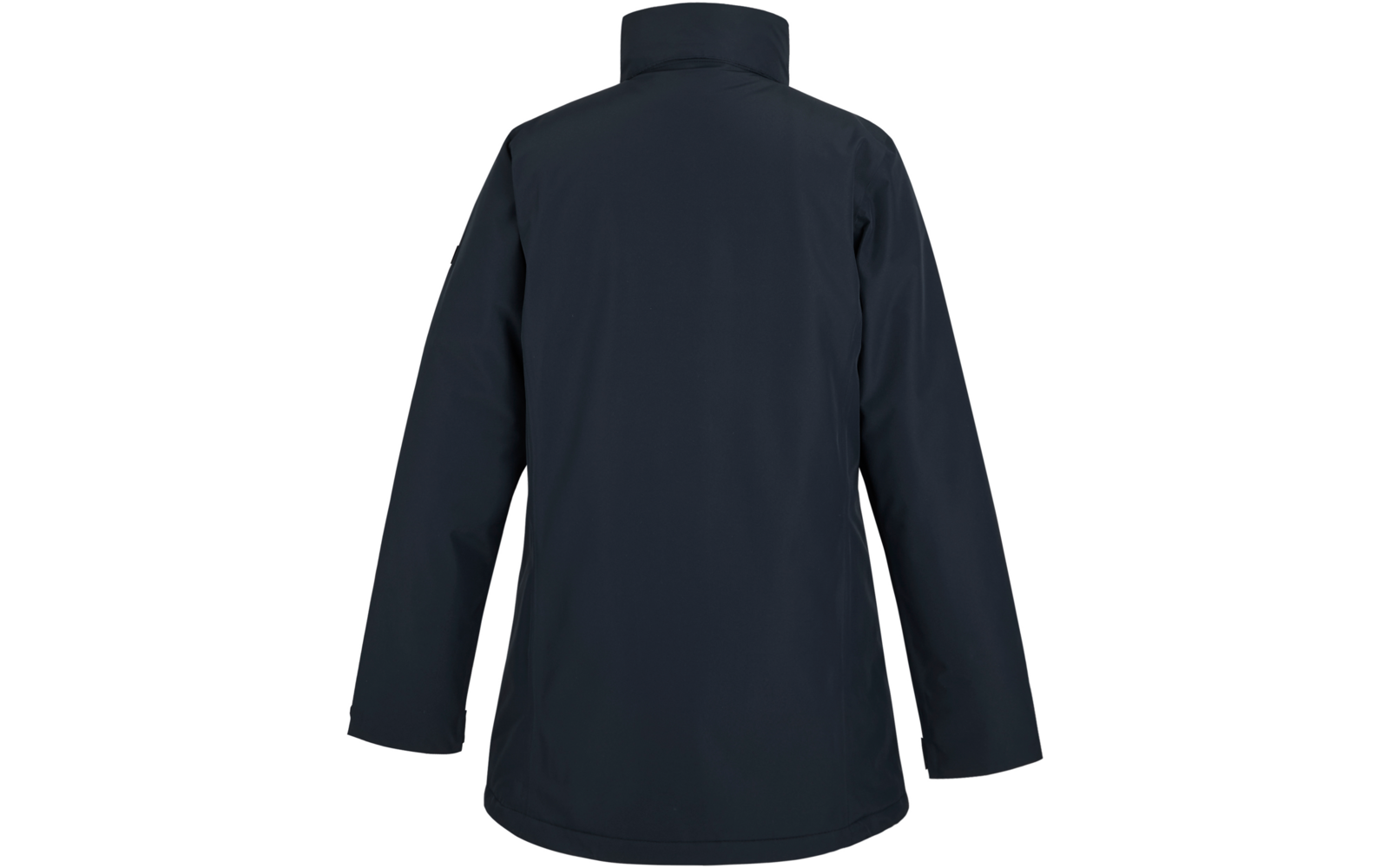 Manteau bleu foncé pour femme vu de dos avec un col montant