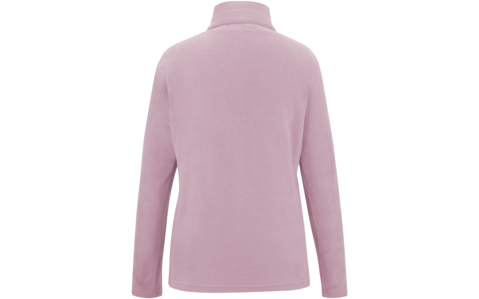 Vista posteriore di una giacca in pile rosa chiaro con collo alto su sfondo bianco