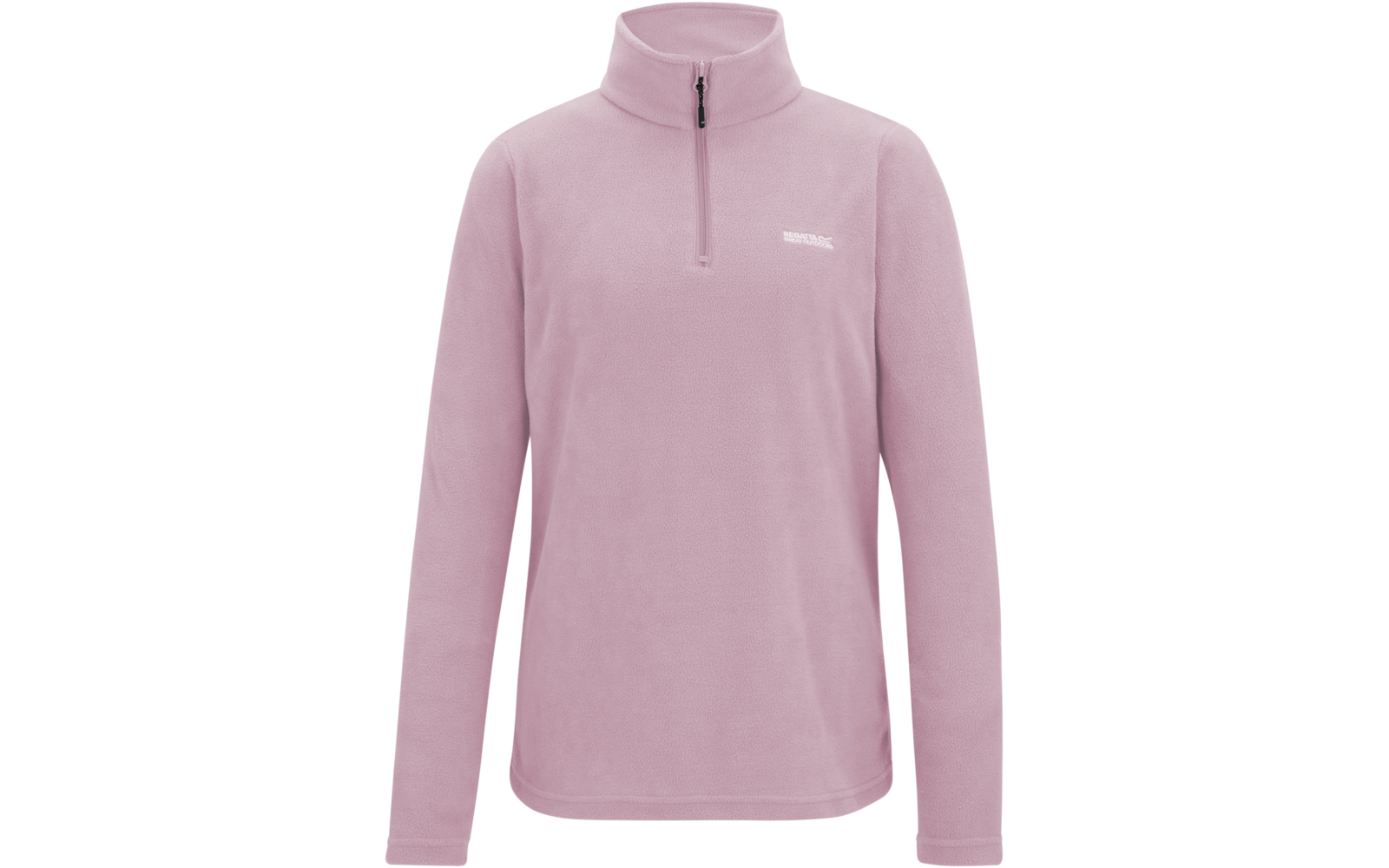 Pile rosa chiaro con collo alto, mezza cerniera frontale e piccolo logo bianco sul petto sinistro