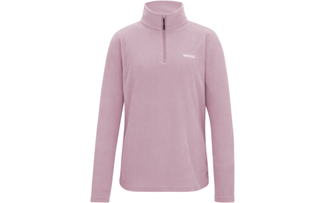 Pile rosa chiaro con collo alto, mezza cerniera frontale e piccolo logo bianco sul petto sinistro