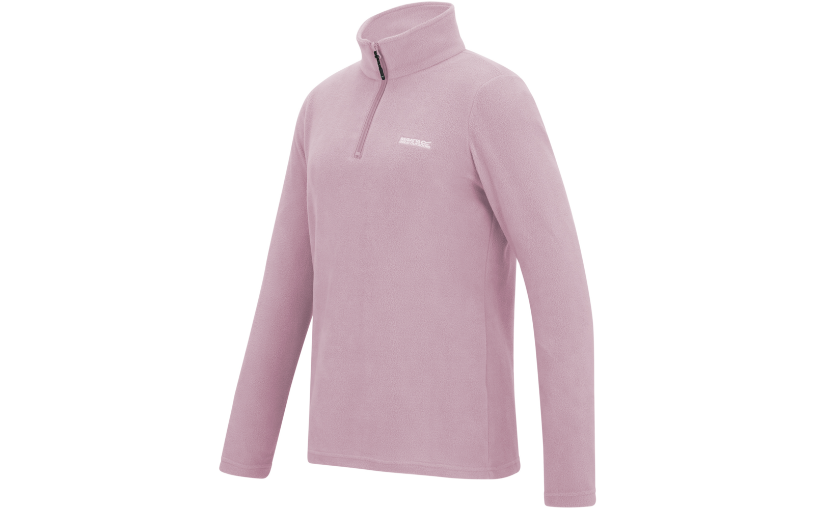 Pile rosa con collo alto, mezza cerniera e piccolo logo bianco sul petto sinistro, maniche lunghe