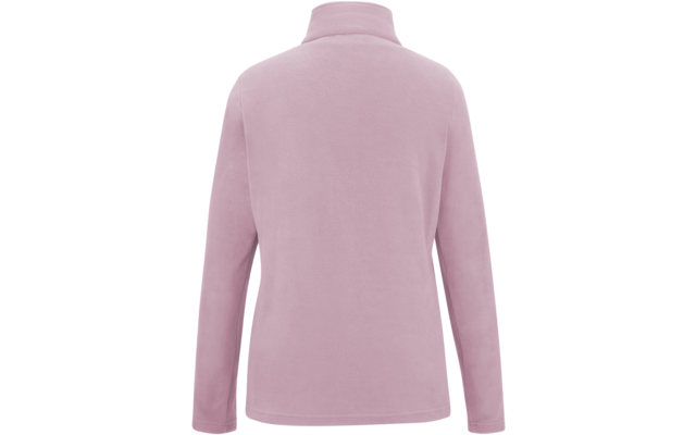 Vista posteriore di una giacca in pile rosa chiaro con collo alto su sfondo bianco